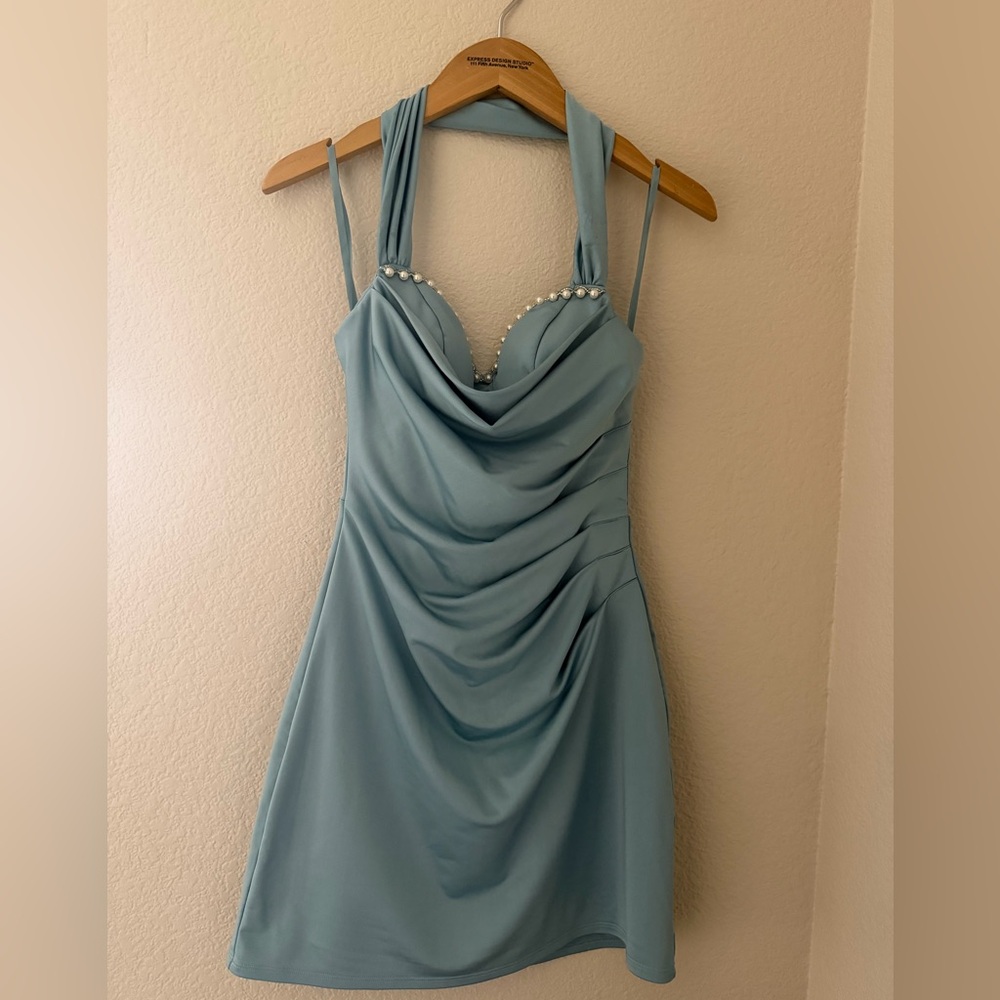 Strapless Light Blue Pearl-Trim Cowl Front Evening Dress